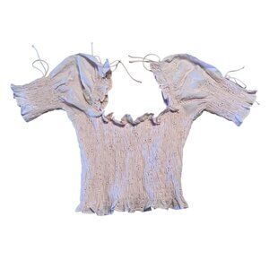 Beige Botany Pink Smocked Eyelet Tie Detail Smocked Blouse Women's Size Small S